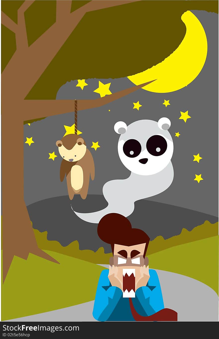 Image of a teddy bear ghost who is haunting a man on Halloween night. Image of a teddy bear ghost who is haunting a man on Halloween night.