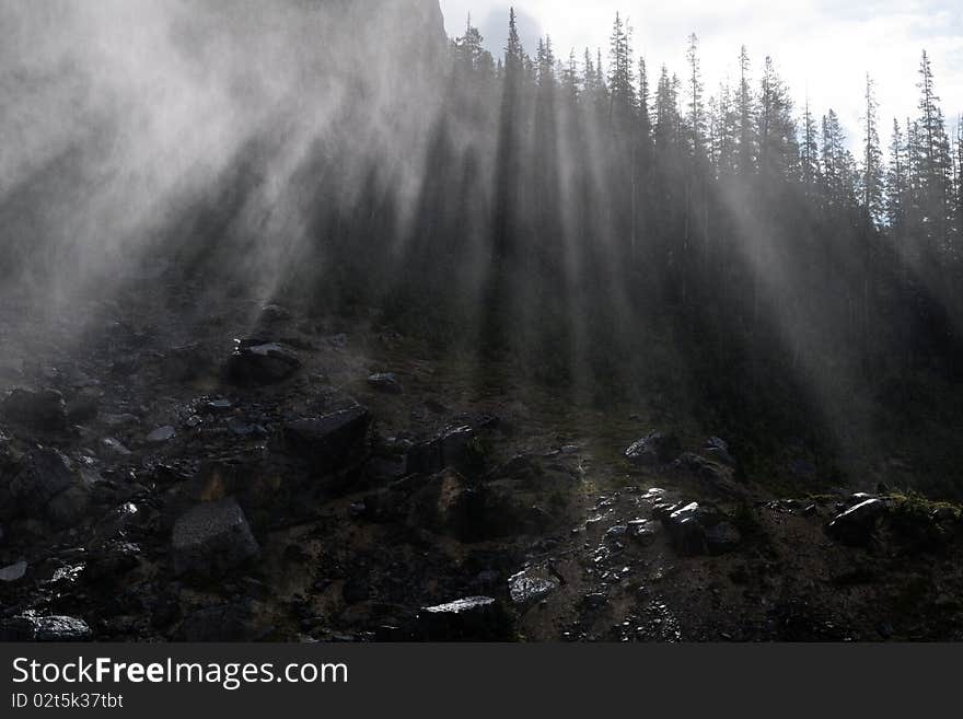 Morning sun rays bursting through the forest beside a waterfall. Morning sun rays bursting through the forest beside a waterfall.