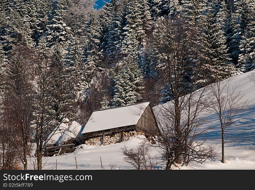 Mountain House In Winter Landscape