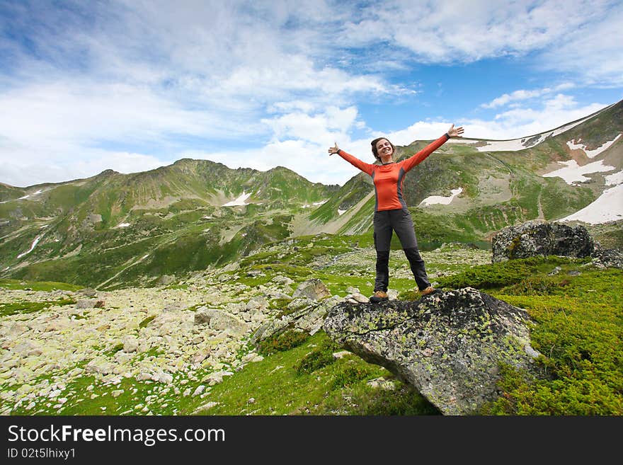 Hiker girl in Caucasus mountains. Hiker girl in Caucasus mountains