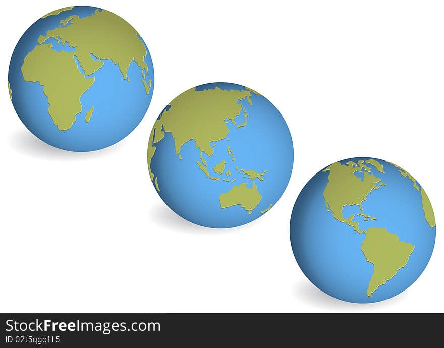 illustration, three abstract blue globes on white background