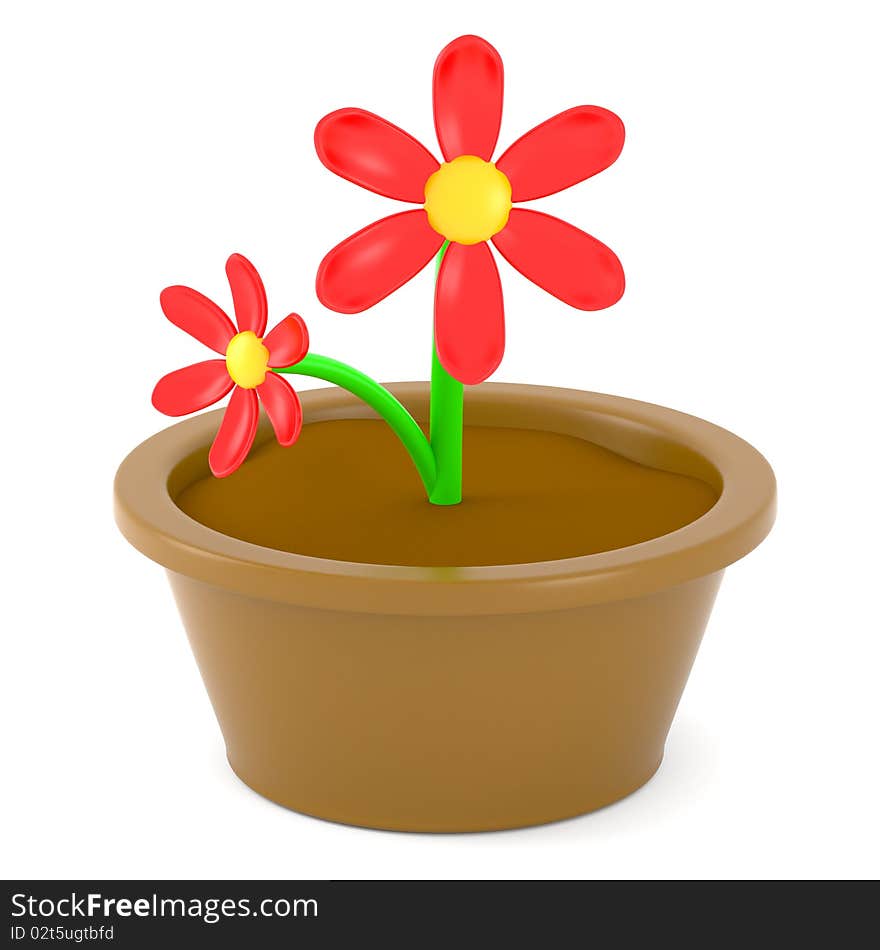 Cartoon flowers in pot isolated on white. Made in 3d