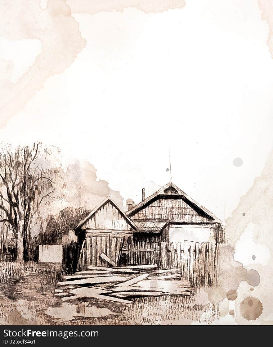 Watercolor background with sketch of house