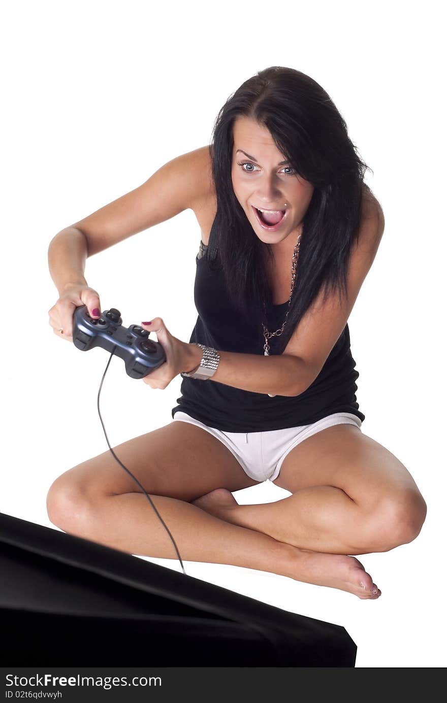 Nice girl with gamepad playing. Nice girl with gamepad playing