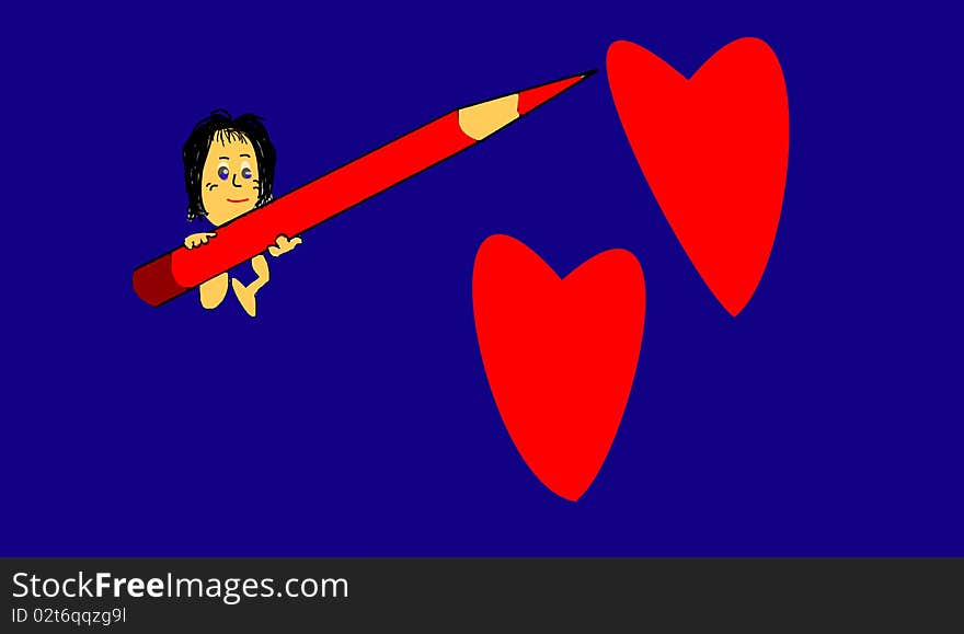 The red pencil with two hearts. The red pencil with two hearts