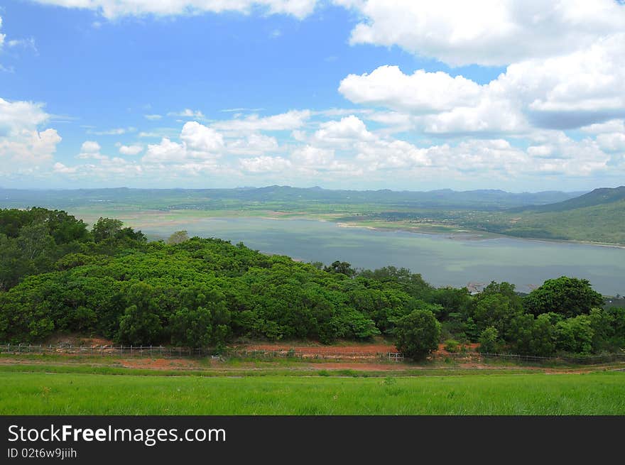 Lake of dam from top view, trees and water. Lake of dam from top view, trees and water