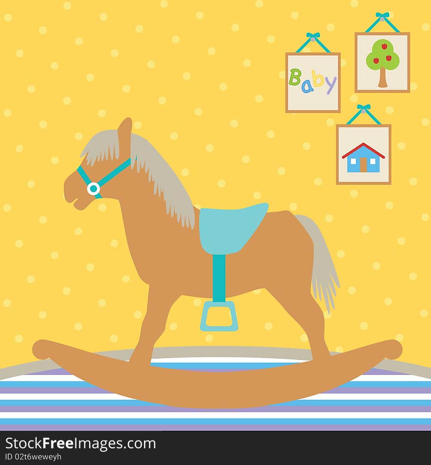 Vector illustration of a toy rocking horse inside a baby's room. Can be used as greeting card. Vector illustration of a toy rocking horse inside a baby's room. Can be used as greeting card