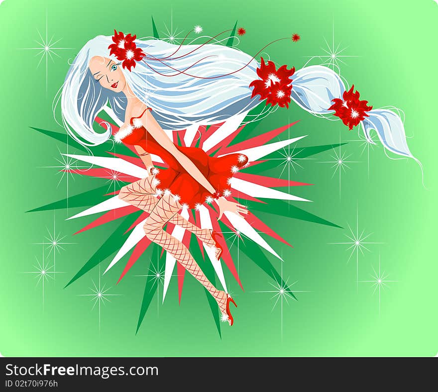 Vector image of Santa girl includes 5 layers: background, girl dressed in red underwear, dress and shoes, decorations, sparkling stars. You can undress this Santa girl in one click!. Vector image of Santa girl includes 5 layers: background, girl dressed in red underwear, dress and shoes, decorations, sparkling stars. You can undress this Santa girl in one click!