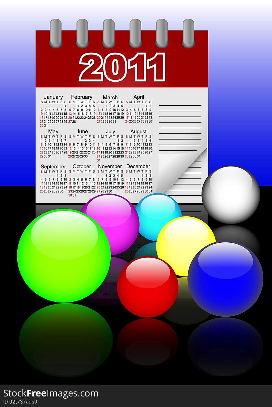 Icons of glass spheres and paper calendar 2011 with reflection. Vector. 10eps. Icons of glass spheres and paper calendar 2011 with reflection. Vector. 10eps.