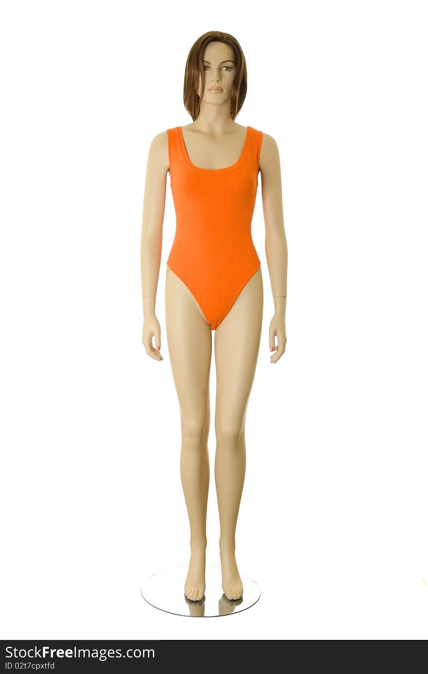 Female mannequin in orange swimsuit. Isolated on white background. Female mannequin in orange swimsuit. Isolated on white background