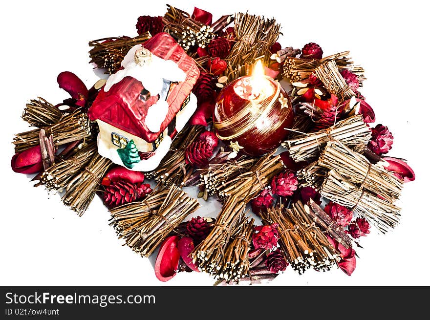 Christmas bomblets and candle isolated