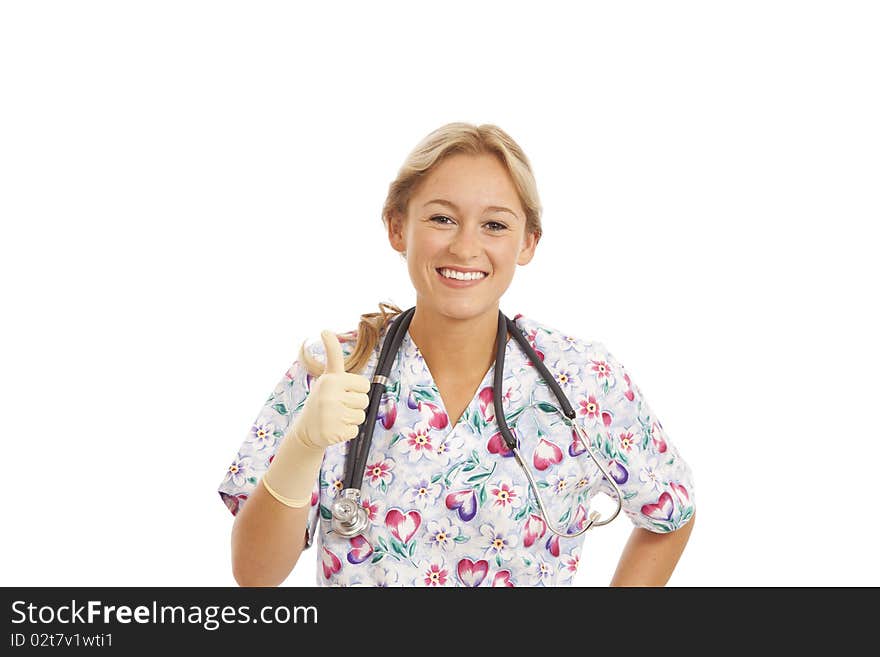 Portrait of young nurse with stethoscope and rubber gloves