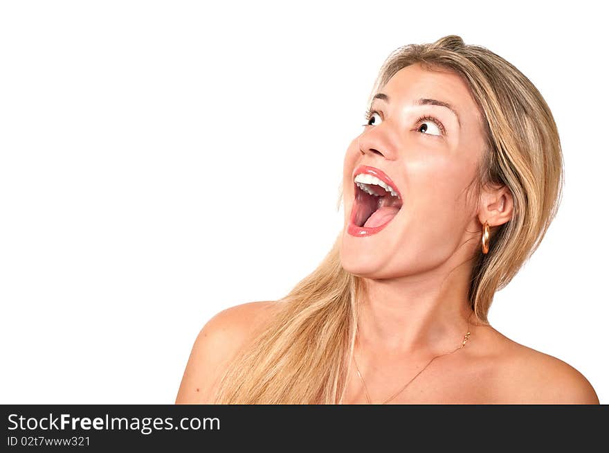 Isolated beautiful blond girl smiling and screaming. Isolated beautiful blond girl smiling and screaming