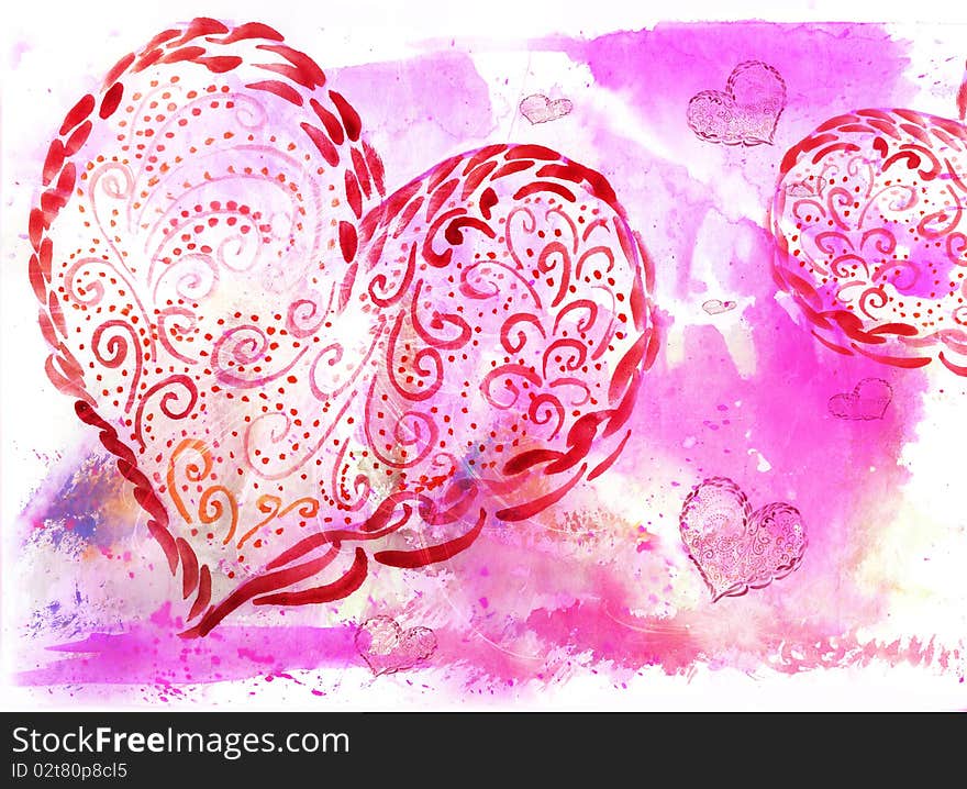 Abstract heart watercolor hand painted background. Abstract heart watercolor hand painted background