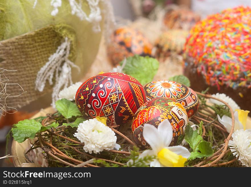 Traditional russian Easter table: cake and colored eggs. Traditional russian Easter table: cake and colored eggs