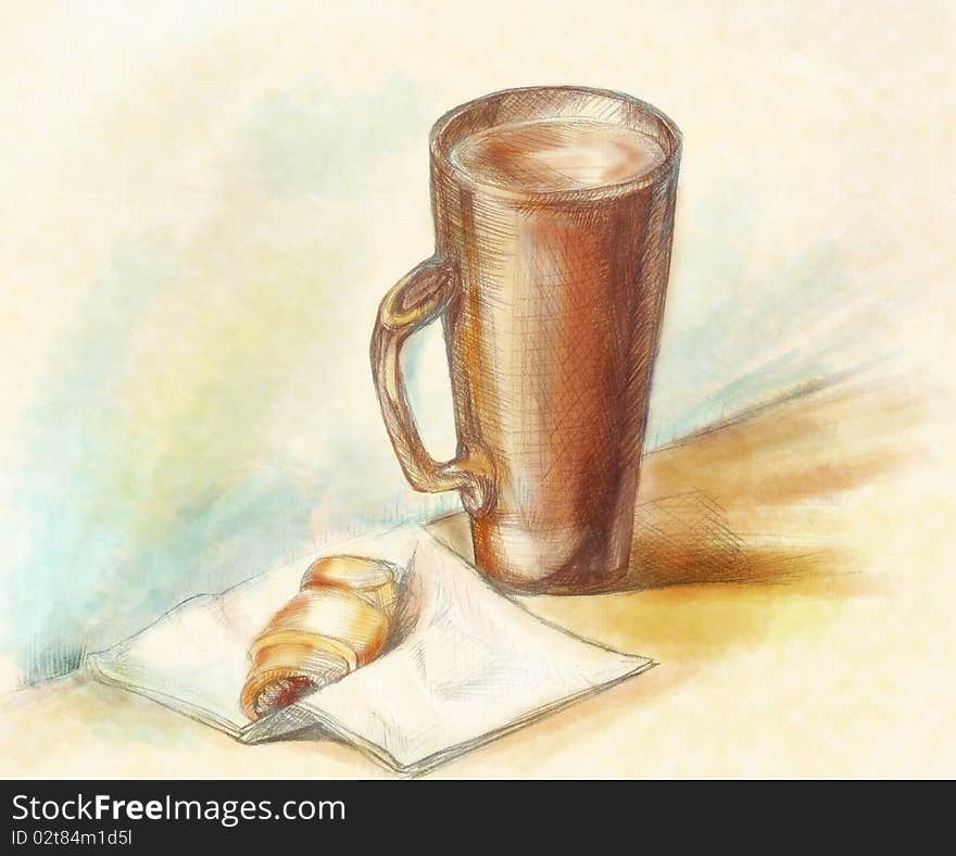 Still life with a mug and croissant. Picture by a pencil