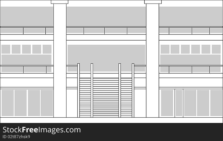 Line drawing of an interior lobby of a building or shopping center done in black and white. Line drawing of an interior lobby of a building or shopping center done in black and white