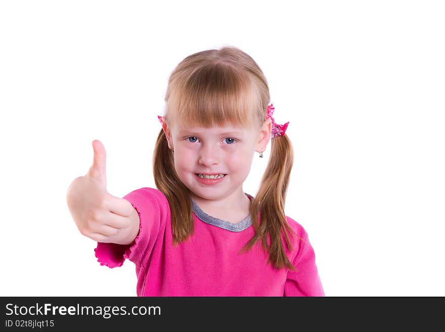 Cute little girl looking up at the camera and showing the all OK sign isolated on white. Child doing the ok sign smiling. Cute little girl looking up at the camera and showing the all OK sign isolated on white. Child doing the ok sign smiling