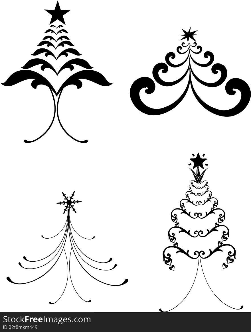 Four decorative christmas trees black isolated on white