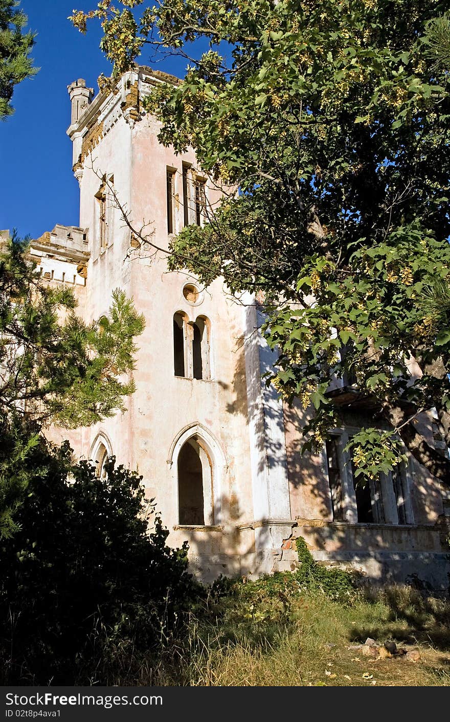 Deserted castle overgrown with plants