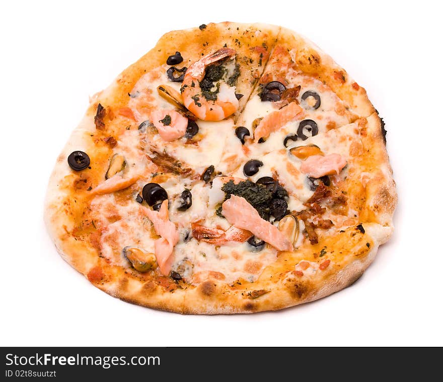 Pizza with crude Motstsarella, sauce a mafia, a cream from artichokes, shrimps, mussels, olives, sauce of Pesto, tomatoes dried and a salmon smoked. Pizza with crude Motstsarella, sauce a mafia, a cream from artichokes, shrimps, mussels, olives, sauce of Pesto, tomatoes dried and a salmon smoked