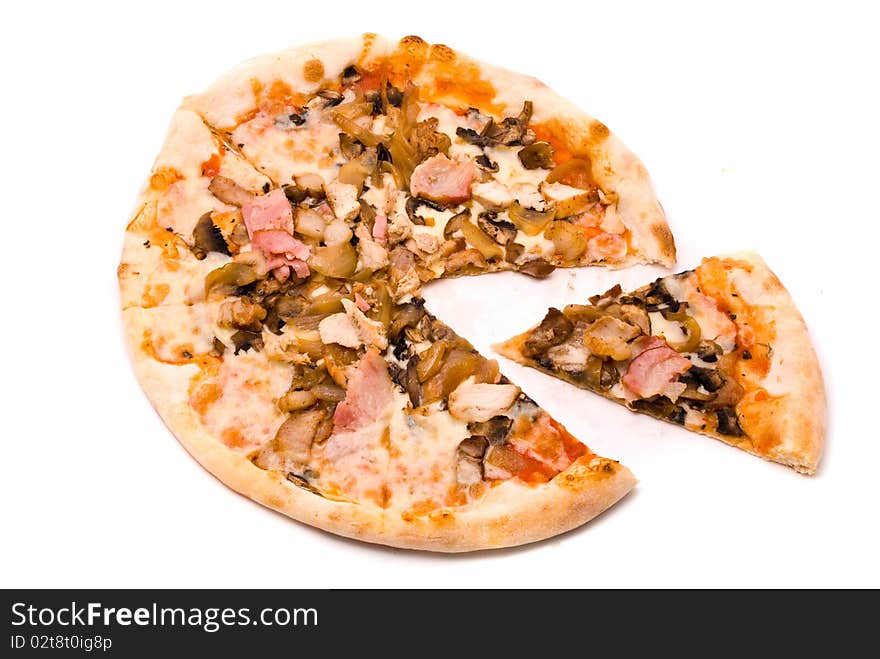 Pizza with pork and a hen, golden onions, mushrooms