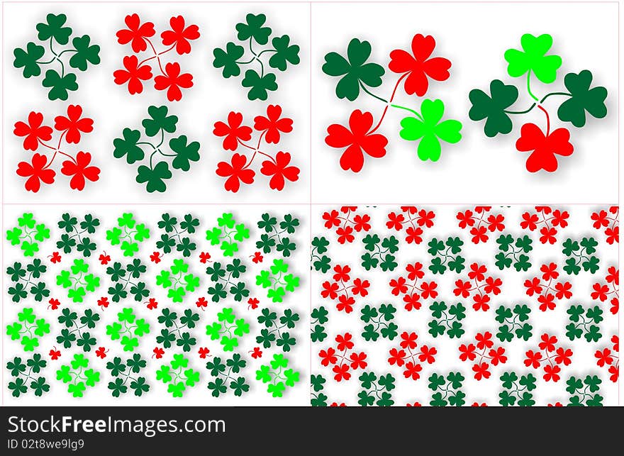 Red and green, three and four leaf lucky clovers separated on white background. Red and green, three and four leaf lucky clovers separated on white background.