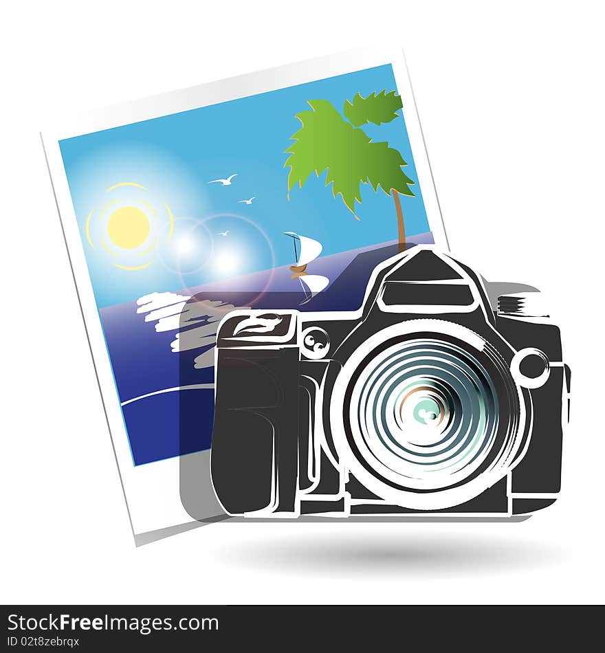 Illustration, photo camera on background photo with landscape