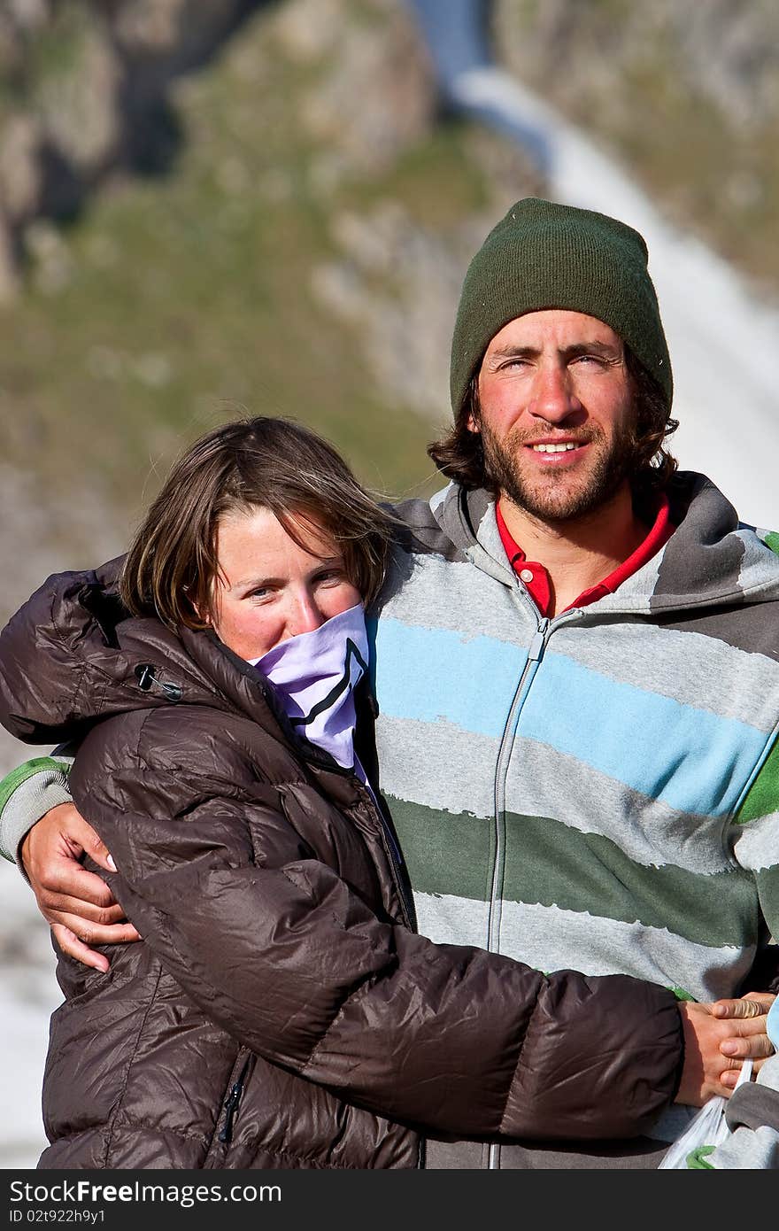 Couple in the mountains during summer vacations. Caucasus, 2010