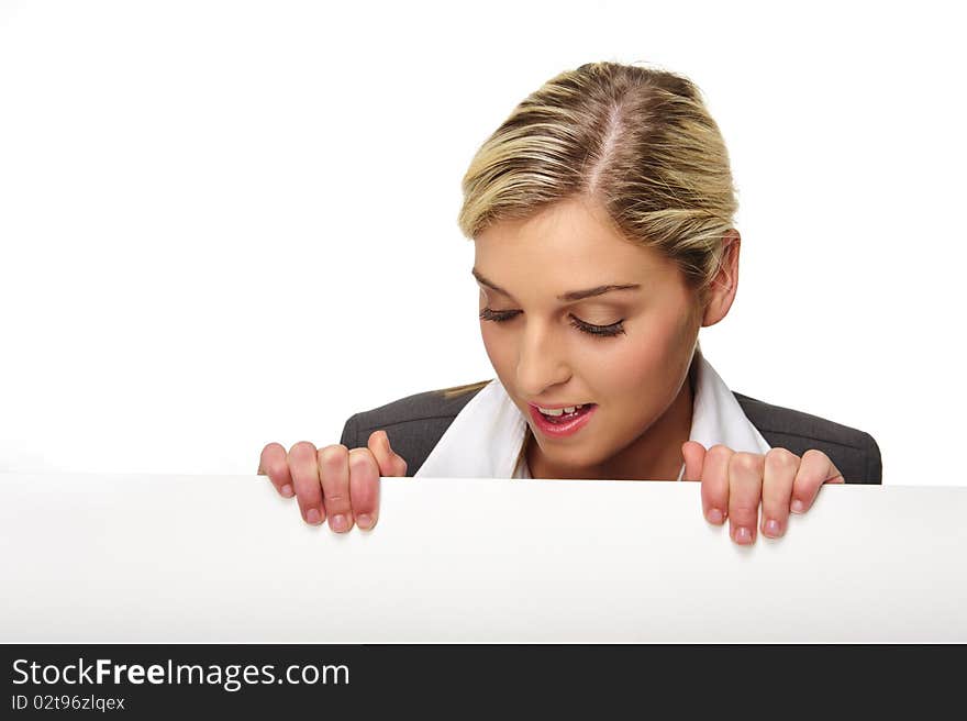 Pretty blonde girl with a blank presentation board. Pretty blonde girl with a blank presentation board