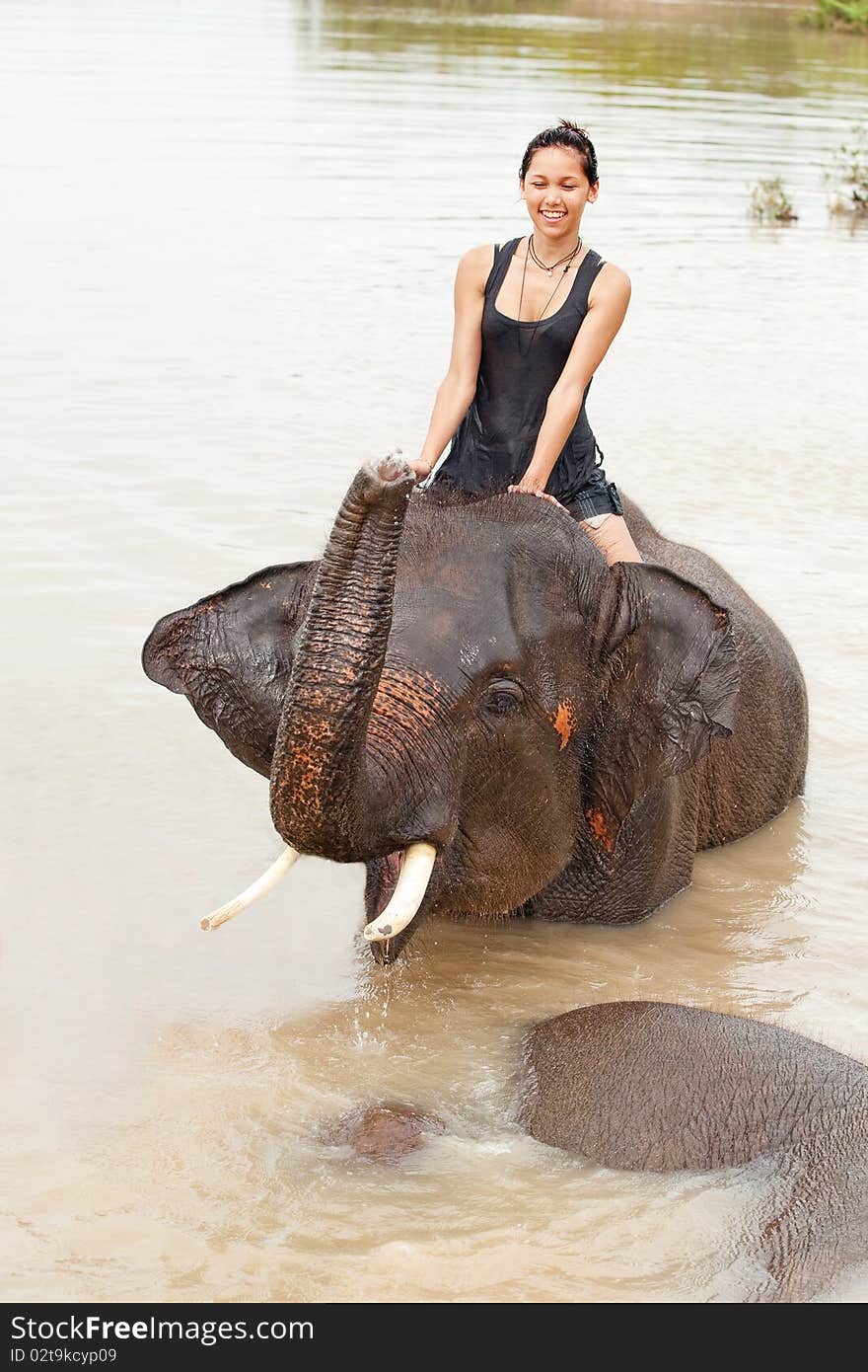 Girl has bath with elephant