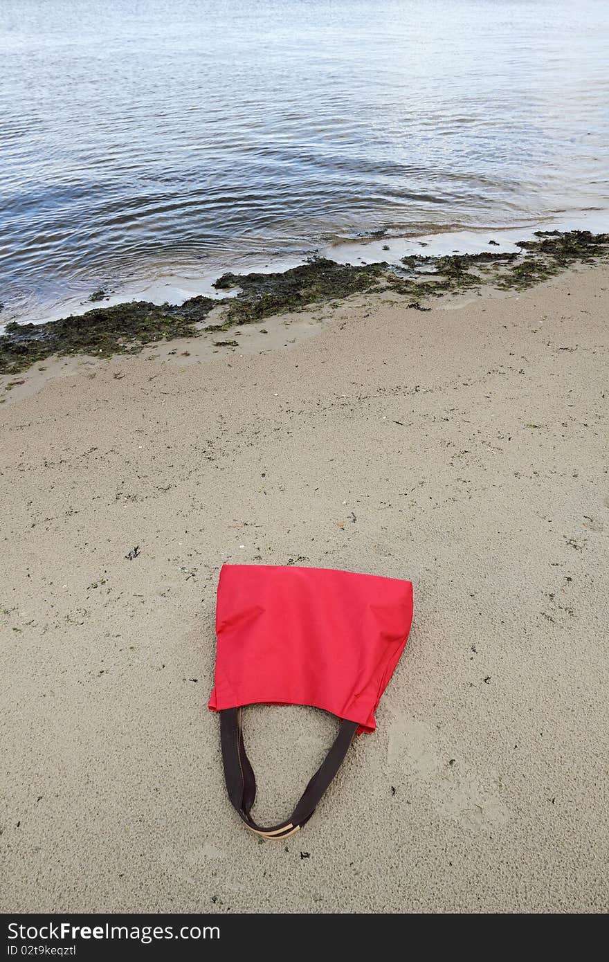 Red bag and seaweeds on the beach. Red bag and seaweeds on the beach.