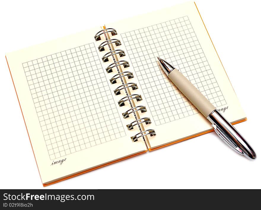 Open spiral bound notebook with pen on white