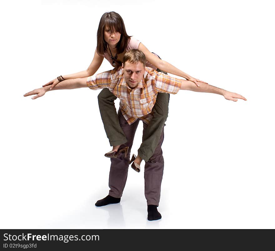 Girl was a young man's shoulders on white background