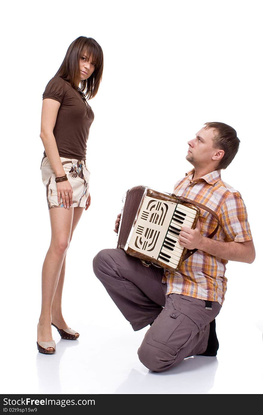 Guy sings a song for a girl on white background