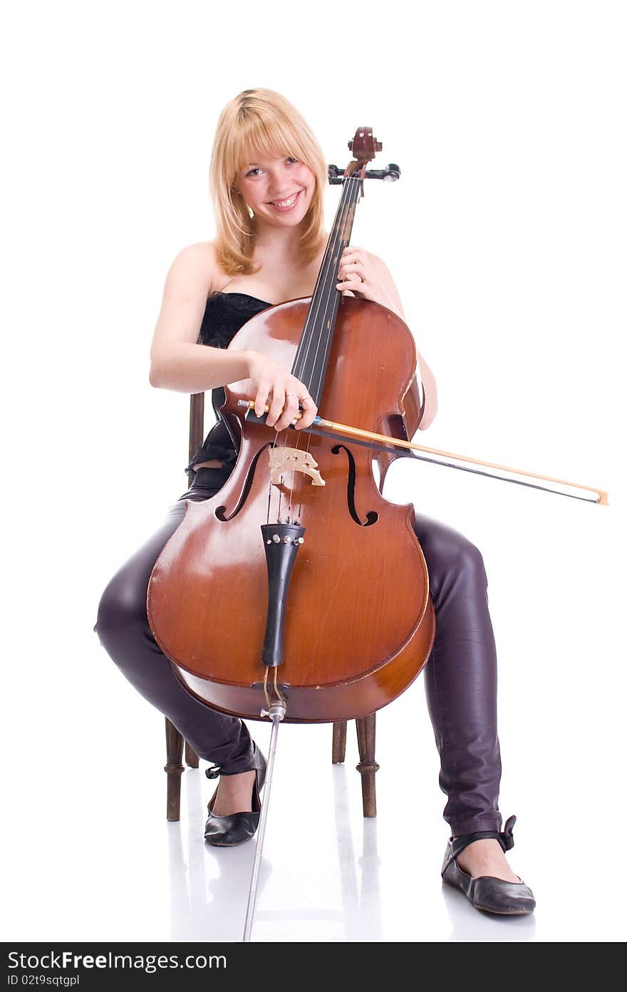 Girl with a cello with a white background