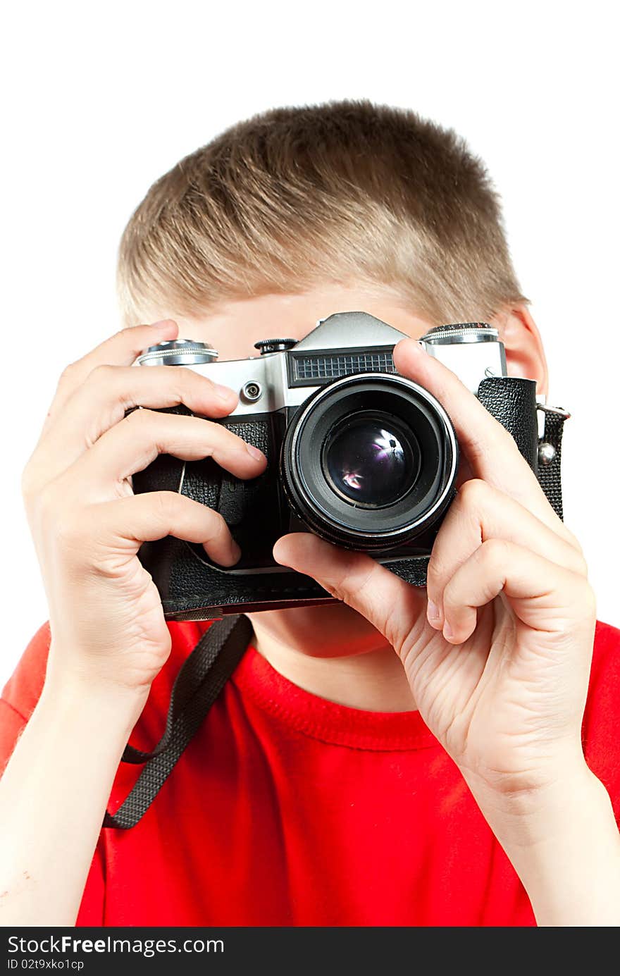 Professional photographer isolated on white. Portrait of young teenager