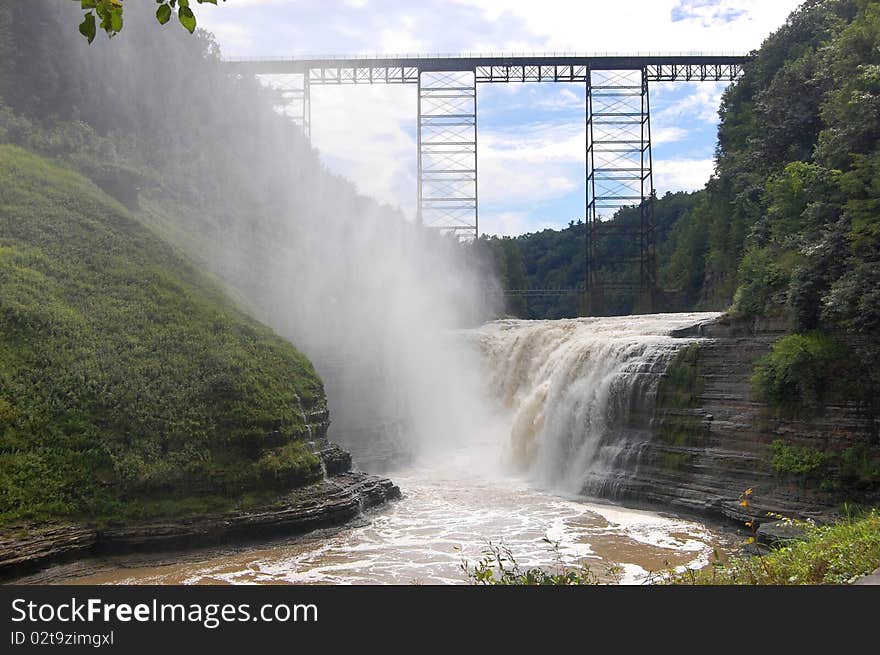 The waterfall and bridge in the gorge