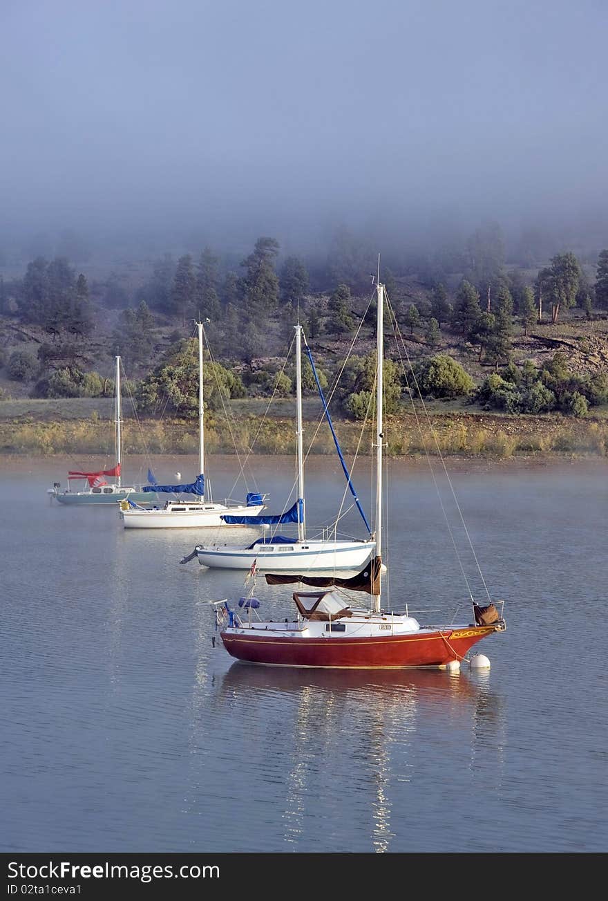 Sailboats in early morning fog