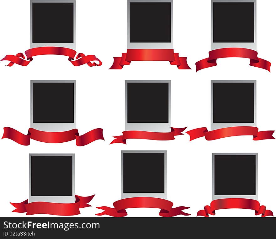 Photo frames with red ribbons or banners. Photo frames with red ribbons or banners