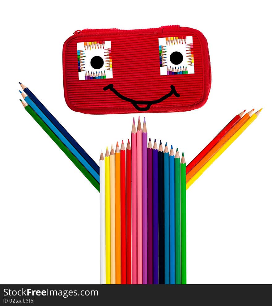 Happy colorful guy made of pencilcase and crayons. Happy colorful guy made of pencilcase and crayons