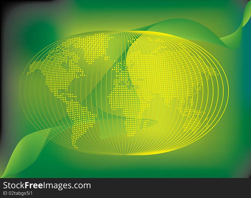 Green earth or globe stylized with lines with world map in dots. Green earth or globe stylized with lines with world map in dots