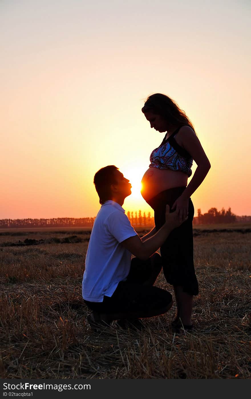 The husband kisses the pregnant wife on a stomach. The husband kisses the pregnant wife on a stomach