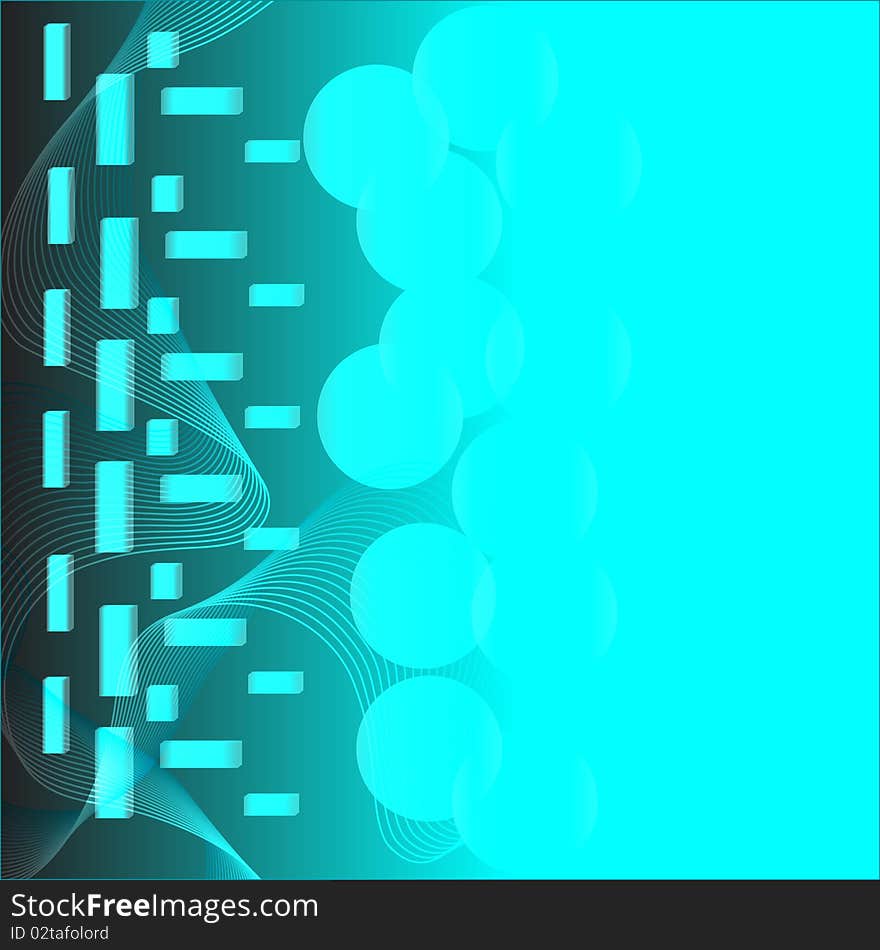 The blue background with lines as waves, rectangles and bubbles. The blue background with lines as waves, rectangles and bubbles