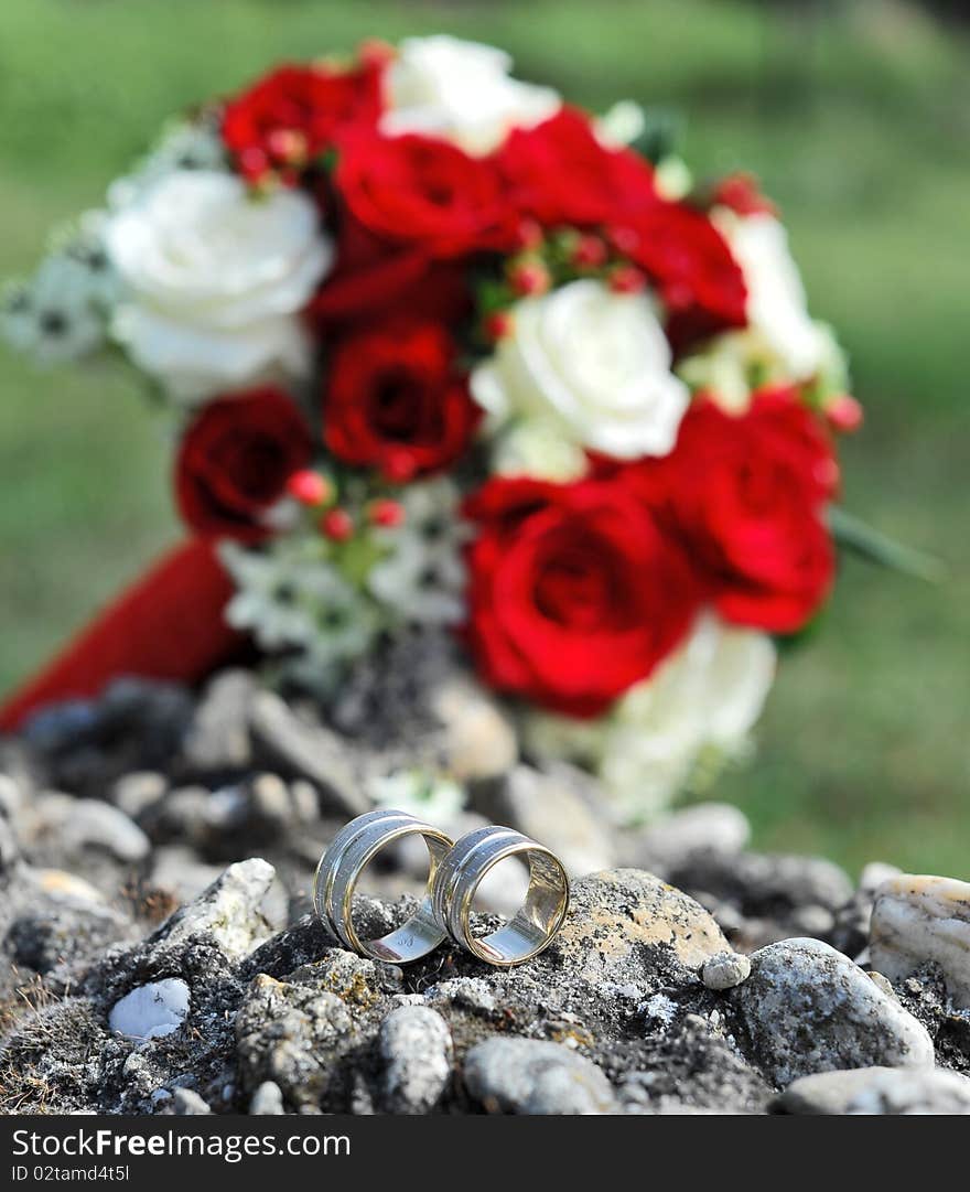 Wedding Rings And Bridal Bouquet