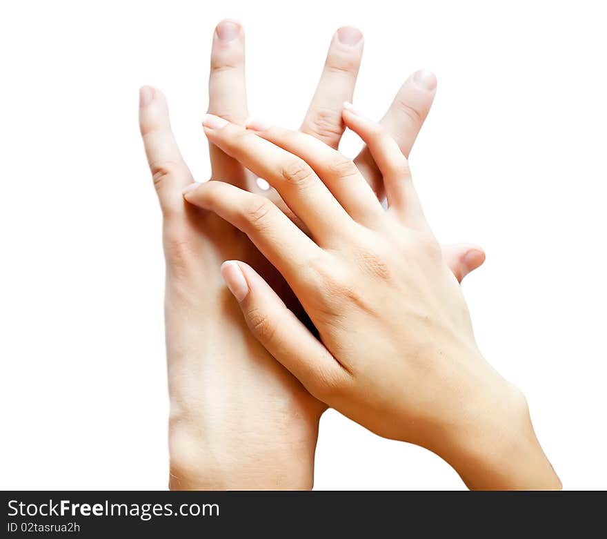 Hands loving guy and girl on a white background. Hands loving guy and girl on a white background