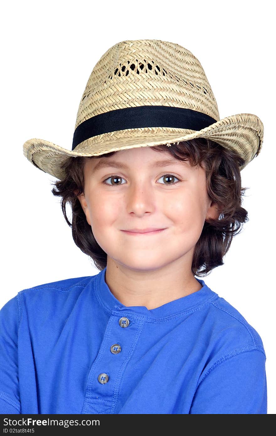 Funny child with straw hat isolated on white background