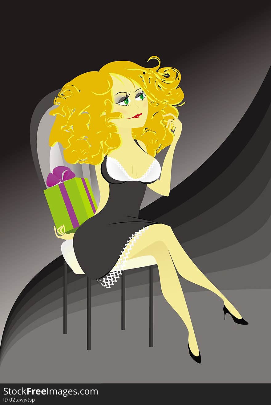 Vector young lady sitting on the chair with a gift. Vector young lady sitting on the chair with a gift