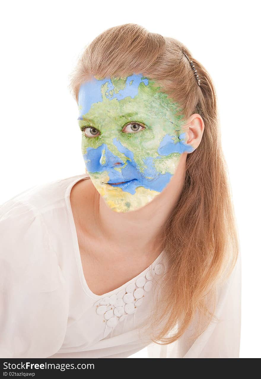 Portrait of a young girl with a map of Europe on the face. Portrait of a young girl with a map of Europe on the face