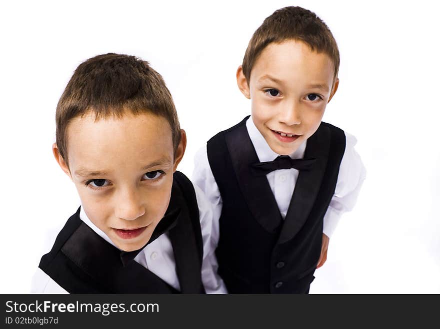 Twins playing young gangsters isolated on white